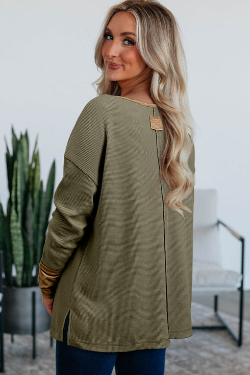 Color Block Waffle Textured Tunic Henley Top with Slits